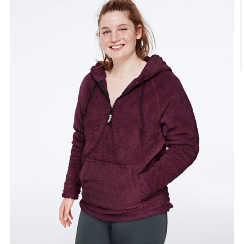 Victoria’s Secret PINK Faux Fur Campus Hoodie Cozy Jacket Half Zip Burgundy
